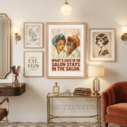 A curated gallery wall featuring the funny cat salon poster among vintage beauty tools and minimalist art prints.