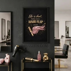 Professional hair salon interior with the pink and gold hair flip motivational art displayed near a styling station.