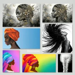African queen gold botanical, colorful illustration, black-white wallpaper set for beauty salon walls