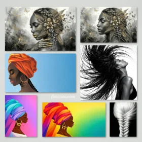African queen gold botanical, colorful illustration, black-white wallpaper set for beauty salon walls