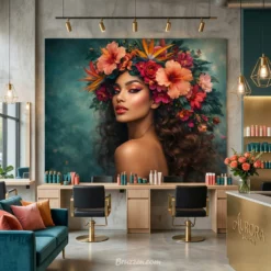 Dark green floral beauty portrait wallpaper for modern hair salon decor