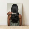 silky black wavy hair comb portrait glossy metal print salon wall art on warm neutral background