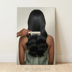 silky black wavy hair comb portrait glossy metal print salon wall art on warm neutral background