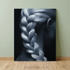 silver blue French braid hair portrait glossy metal print braiding studio wall art on dark background