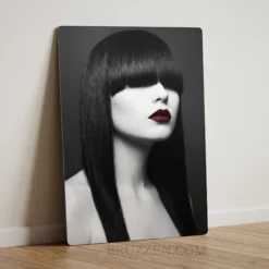 black hair fringe portrait glossy metal print with crimson lip on dark charcoal background