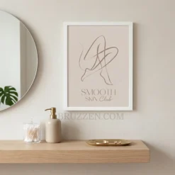 smooth skin club line art framed poster displayed in warm minimal beauty salon reception