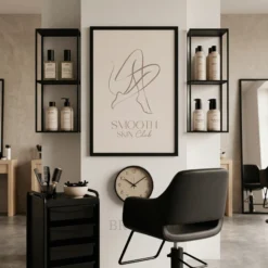 smooth skin club line art framed poster displayed in warm minimal beauty salon reception