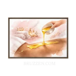 close-up of sugaring watercolour canvas showing golden pour detail and pine frame edge