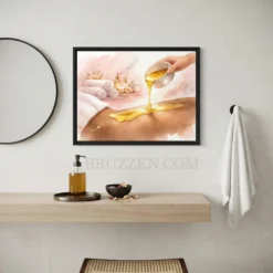 blush spa watercolour framed canvas displayed in warm luxury spa reception area