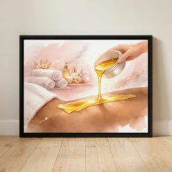 sugaring studio watercolour framed canvas showing golden sugar pour in blush spa setting