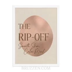 close-up of the rip-off poster showing rose-gold shape and serif typography with frame edge