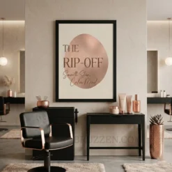 the rip-off framed poster hanging on wall in warm modern waxing studio treatment room