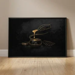 gold line art framed canvas of wax warmer and dripping spatula on black background