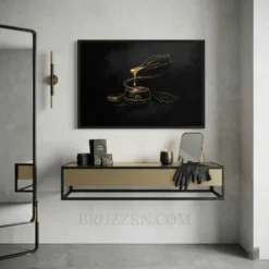 gold on black wax bar line art framed canvas displayed in luxury salon reception