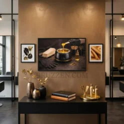 framed canvas wall art of hot wax pot displayed in modern wax bar treatment room