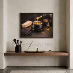 hot wax pot framed canvas wall art hanging in luxury spa reception area