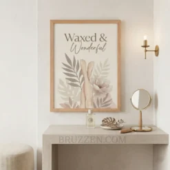 waxed and wonderful botanical framed poster displayed in warm minimal beauty salon reception