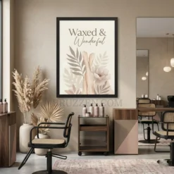 waxed and wonderful framed poster hanging in soft modern waxing studio treatment room