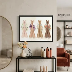 Diverse floral leg art framed on a spa wall, creating a professional and feminine atmosphere for a wax bar