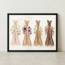 Watercolor art of diverse legs with floral bouquets on a framed canvas, isolated on a white background