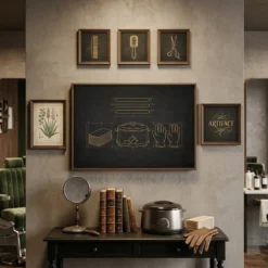 gold blueprint waxing tools canvas styled on dark gallery wall in modern sugaring studio