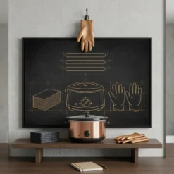 waxing tools gold line art framed canvas displayed in dark luxury salon reception area