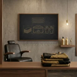 gold waxing tools blueprint framed canvas hanging in sleek modern beauty treatment room
