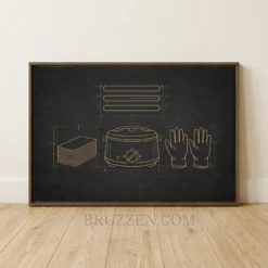 gold blueprint line art framed canvas showing waxing tools on dark charcoal background