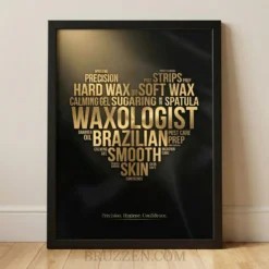 waxologist gold word cloud heart framed poster with waxing terms on black background