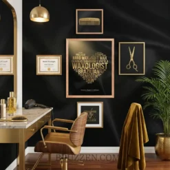 gold waxologist word cloud heart poster as hero piece on dark studio gallery wall