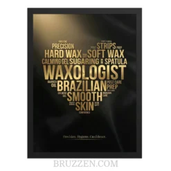 close-up of gold waxologist word cloud heart poster showing metallic typography and frame edge