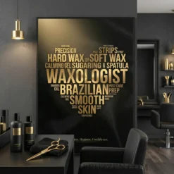 gold waxologist word cloud heart framed poster hanging in dark modern waxing studio