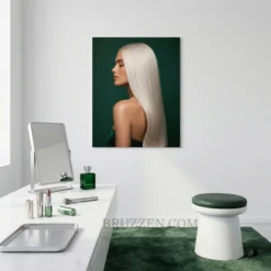 platinum straight hair portrait glossy metal print displayed on bedroom emerald green feature wall