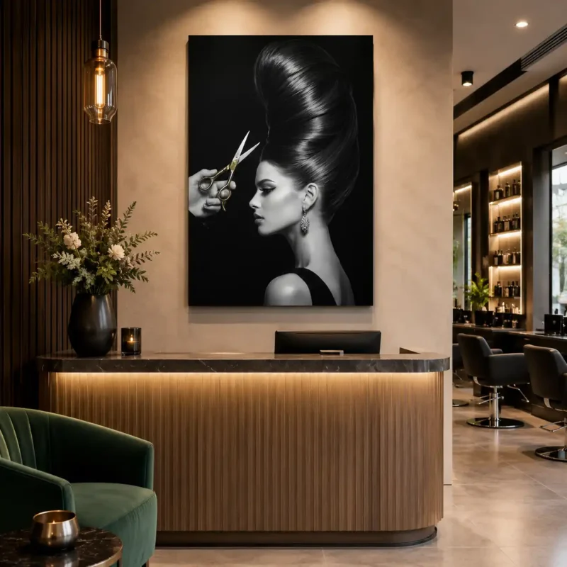 A large aluminum print, in styled hair salon reception desk