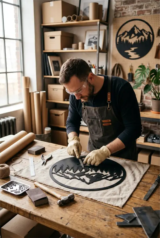 Bruzzen workshop — custom metal wall art being crafted