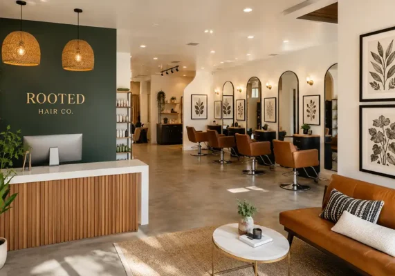 "Hair salon wall decor ideas — styled salon interior with canvas prints and framed art above styling stations
