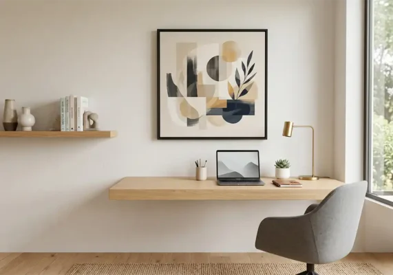 Home office wall decor ideas- Abstract painting above a desk, minimalist interior