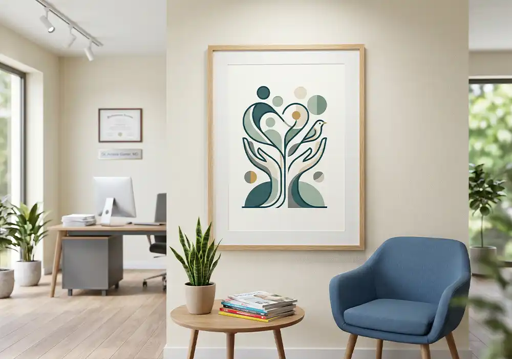 Medical doctor's office wall decor featuring a framed poster with minimalist illustration