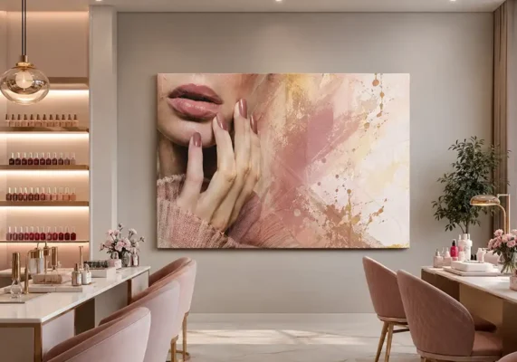 Nail salon wall decor ideas — styled nail studio with framed canvas prints and gallery wall above nail stations