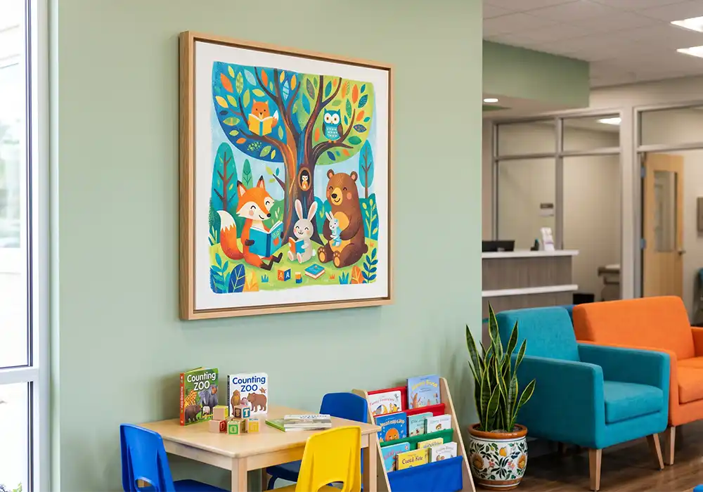 Pediatric room office wall decor featuring colorful framed print