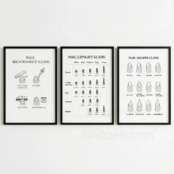 Trio Educational Nail art Prints:  Care, Length, Shape Chart Salon Wall Decor-Digital