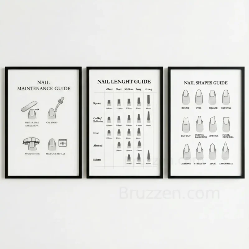 3 set nail care shape, length, and guide salon wall art prints