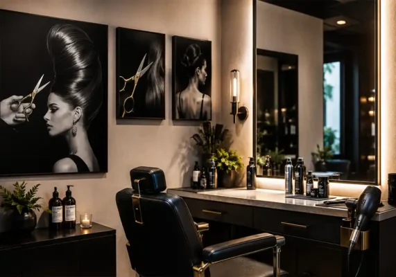 Wall art for hair stylists — aluminum print above a styling station including a hairdresser canvas print and vintage tool poster