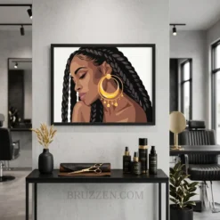 African American woman with box braids and oversized gold hoop earring framed canvas print