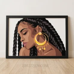 Black girl magic framed canvas wall art featuring Black woman with box braids and gold hoop earring