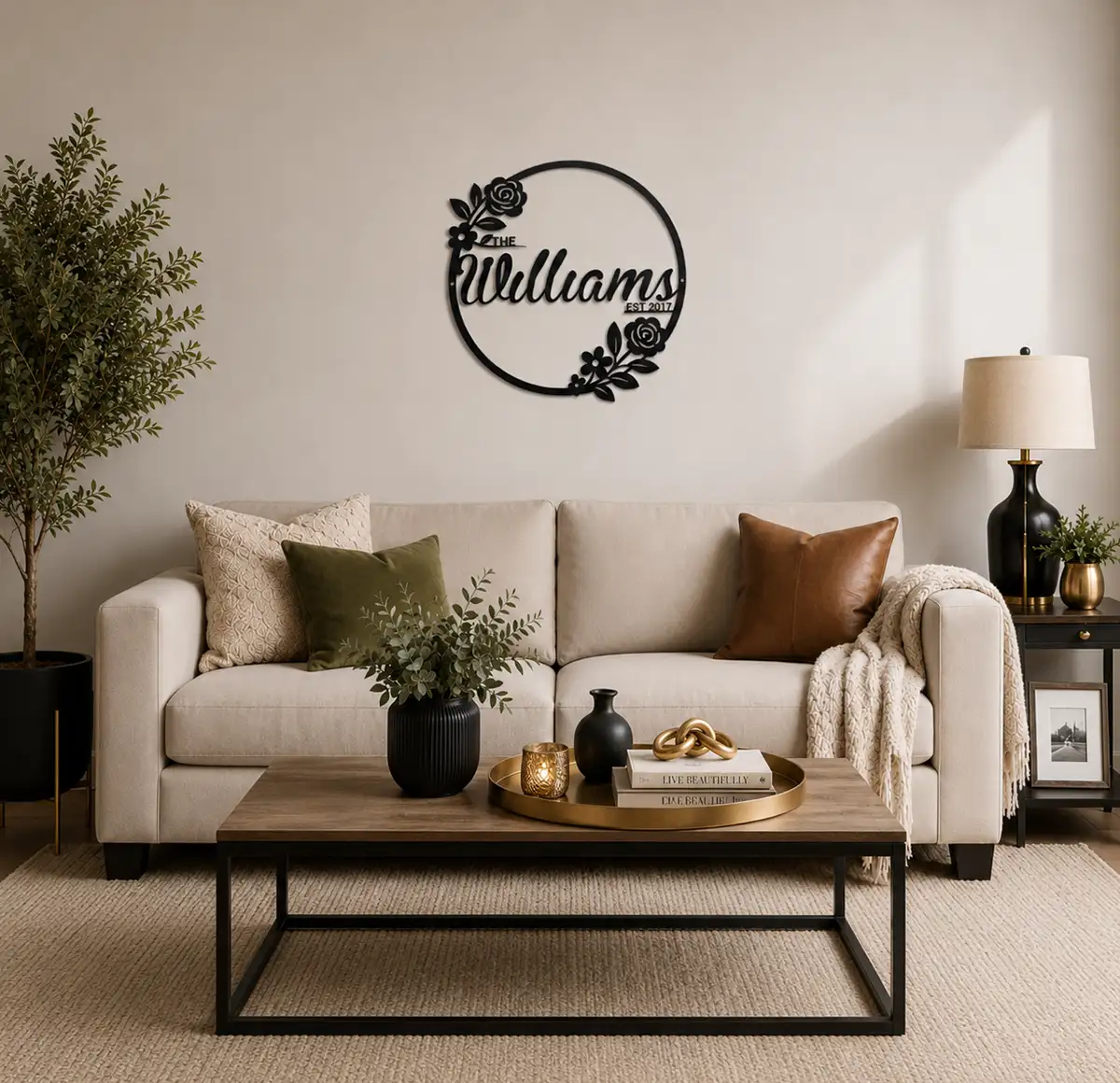 Custom wall art by Bruzzen — personalized metal name sign in a styled living room