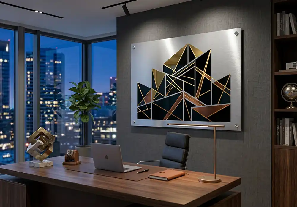 Executive men's office wall decor aluminum print featuring a futuristic cityscape