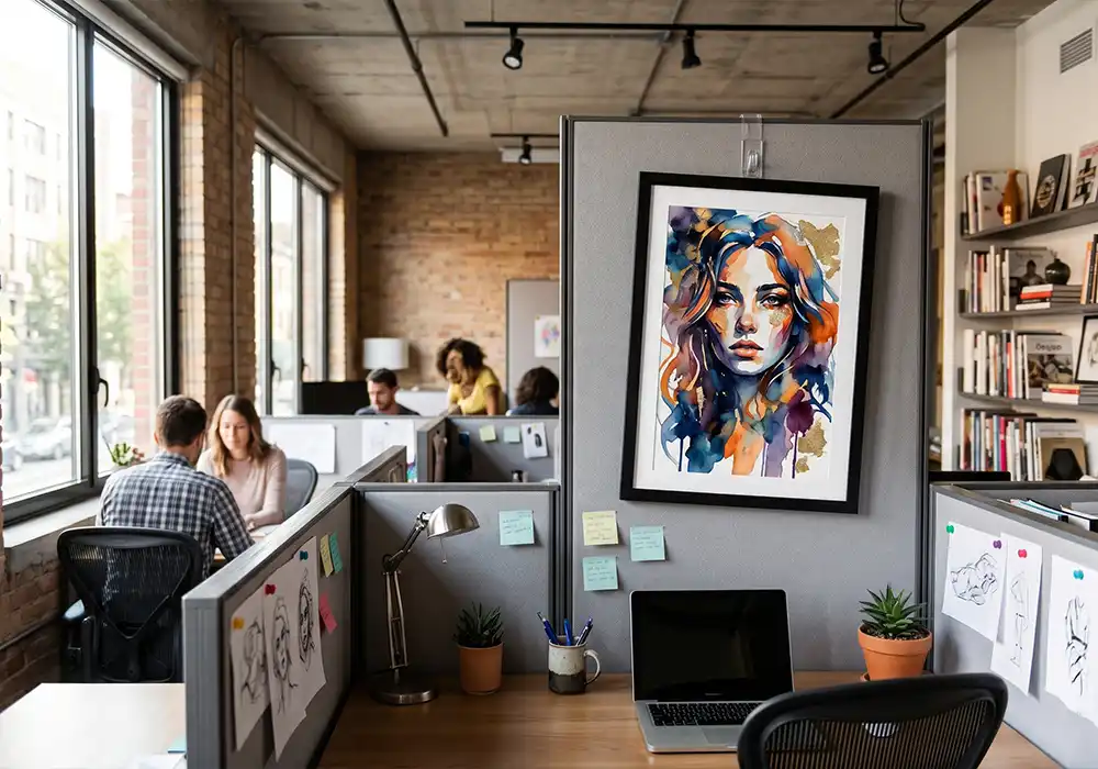 Office Cubicle Wall decor featuring a woman portrait artwork