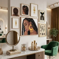 Black woman braids portrait framed canvas wall art for loctician and natural hair salon decor