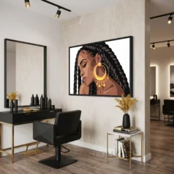 Natural hair salon wall art showing Black woman box braids portrait on framed canvas